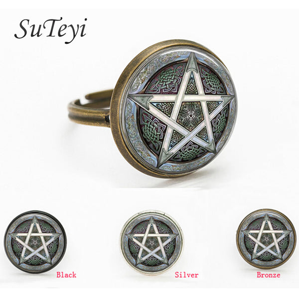 SUTEYI  Gray Pentagram Wicca  RING charms Wiccan  Occult personality glass Jewelry gift for send friend adjustable rings