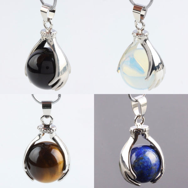 SUNYIK Stone Wicca Crystal Hand Ball Stone Pendant for Necklace,Healing Jewelry (Free Chain)